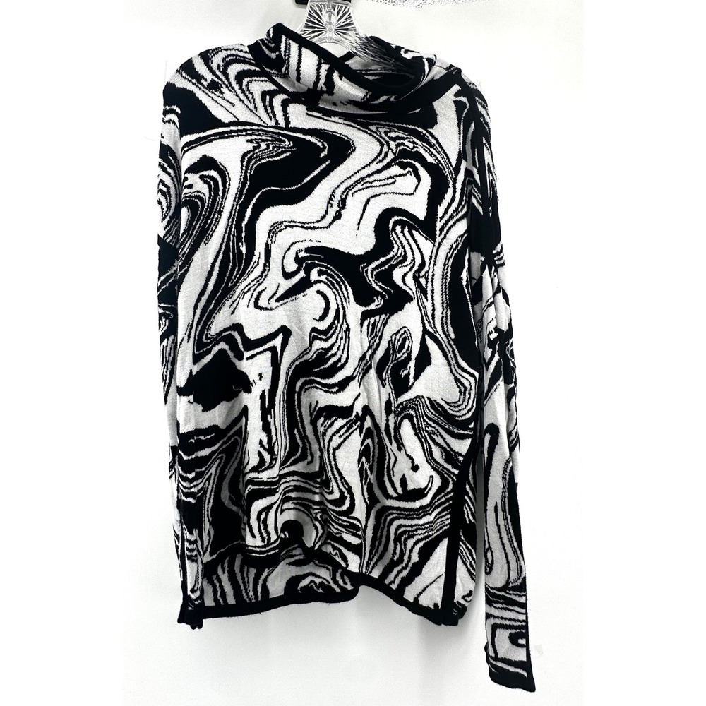 Ruby Rd Womens XL Black White Marble Swirl Cowl Neck Rayon Knit Sweater Top